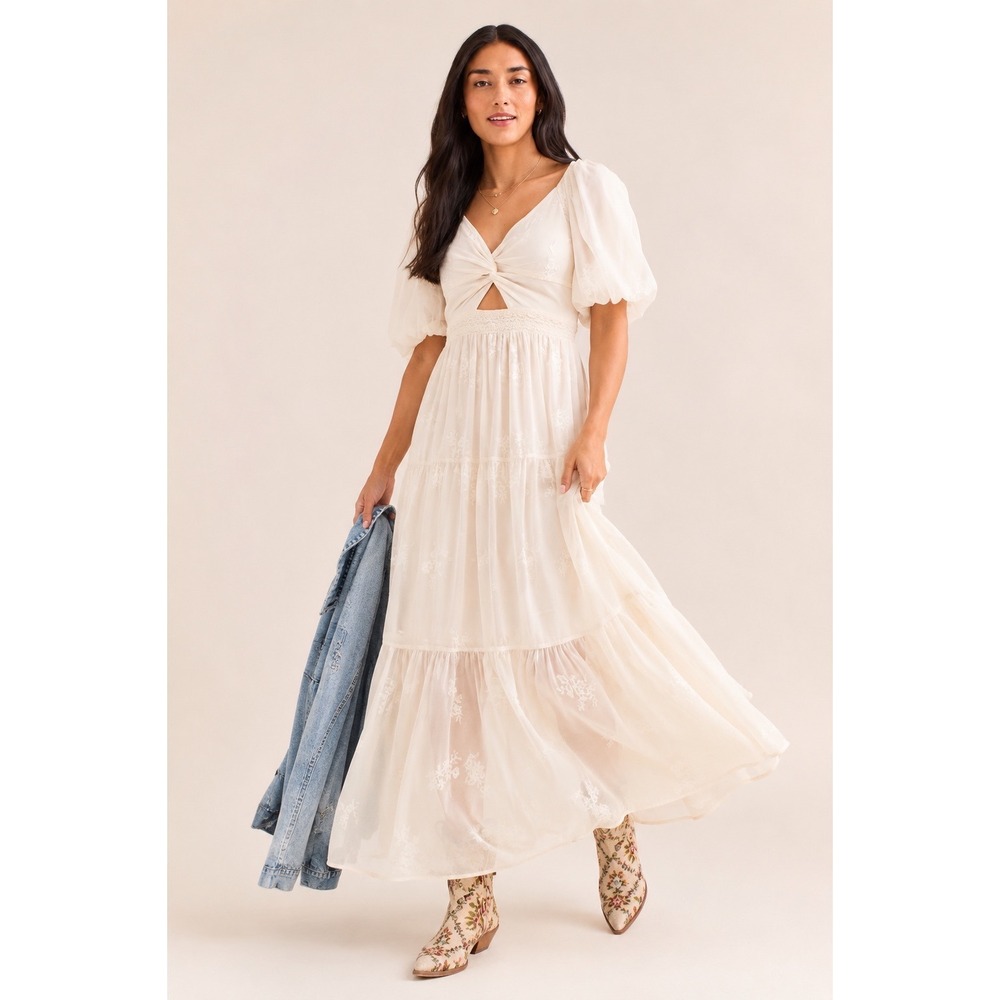 Altar'd State Ivory Embroidered Cottagecore Maxi Dress XS Puff Sleeve Boho